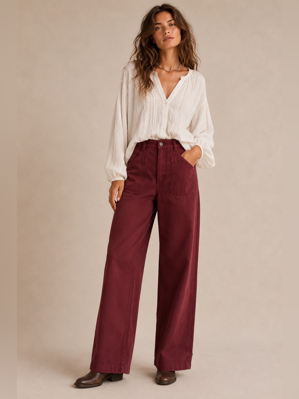 Madewell Emmett Wide-Leg Pants Burgundy Tencel Blend High Rise Size 28